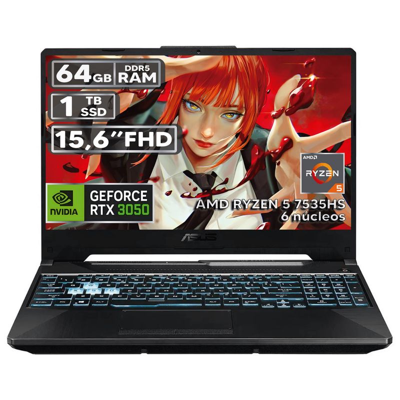 ASUS - PORTÁTIL GAMER ASUS RYZEN 5 7535HS 64GB RAM 1TB SSD RTX 3050 4GB 15,6 FHD BLACK