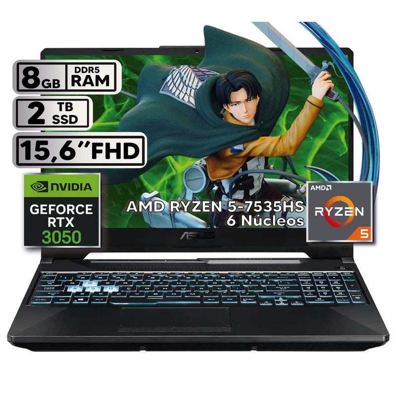 ASUS - PORTÁTIL GAMER ASUS RYZEN 5 7535HS 8GB RAM 2TB SSD RTX 3050 4GB 15,6 FHD BLACK