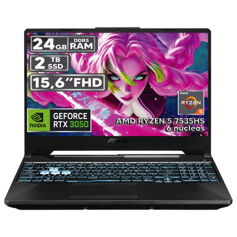 ASUS - PORTÁTIL GAMER ASUS RYZEN 5 7535HS 24GB RAM 2TB SSD RTX 3050 4GB 15,6 FHD BLACK