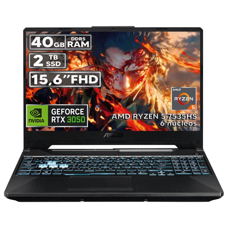 ASUS - PORTÁTIL GAMER ASUS RYZEN 5 7535HS 40GB RAM 2TB SSD RTX 3050 4GB 15,6 FHD BLACK