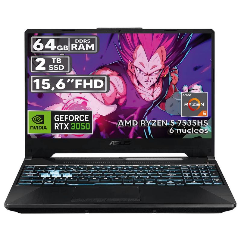 ASUS - PORTÁTIL GAMER ASUS RYZEN 5 7535HS 64GB RAM 2TB SSD RTX 3050 4GB 15,6 FHD BLACK