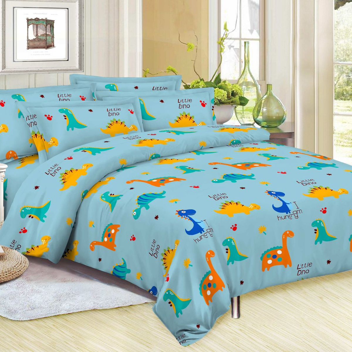 SIRENITAS - Juego de sabanas Cama Doble Dinosaurios azul