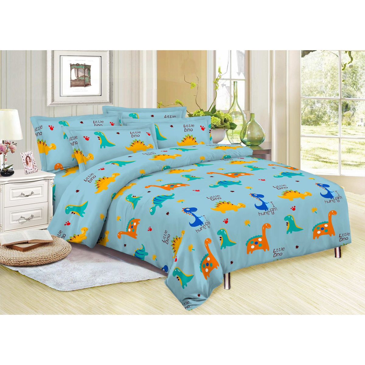 SIRENITAS - Juego de sabanas Cama Doble Dinosaurios azul