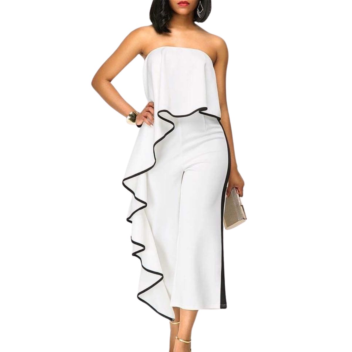 NEGRELI - Enterizo Blanco Strapless Asimétrico con Volante en Cascada  NEGRELI