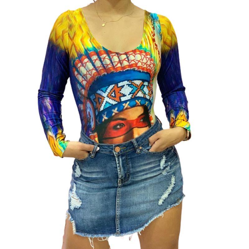 VIA7 - Hermoso body tela gruesa diseño mujer indigena manga larga