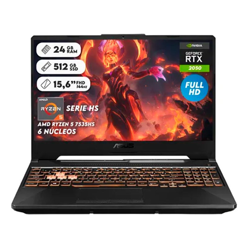 ASUS - Portatil Gamer Asus Tuf Ryzen 5 7535h Ram 24gb Ssd 512 Rtx 2050 4gb