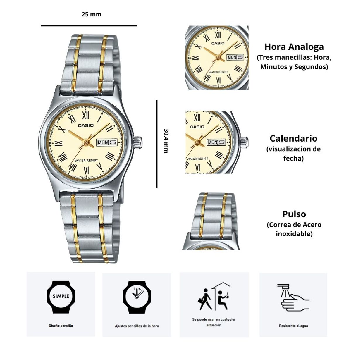 CASIO - Reloj Casio LTP-V006SG-9B Diseño Sencillo