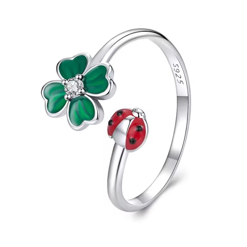 ALHAJAS - Anillo Ajustable Mujer Escarabajo Trébol De La Suerte En Plata 925