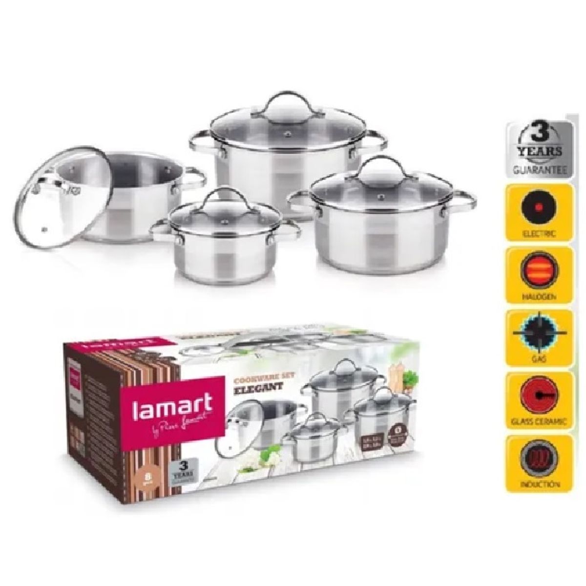 LAMART - Set Ollas Batería De Cocina Inducción 8pz Acero Inoxidable LTSSSET8