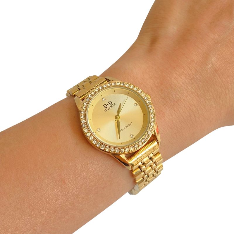 Q&Q - Reloj Q&Q Dorado QYQ Con Piedras Acero Inoxidable Original + Caja