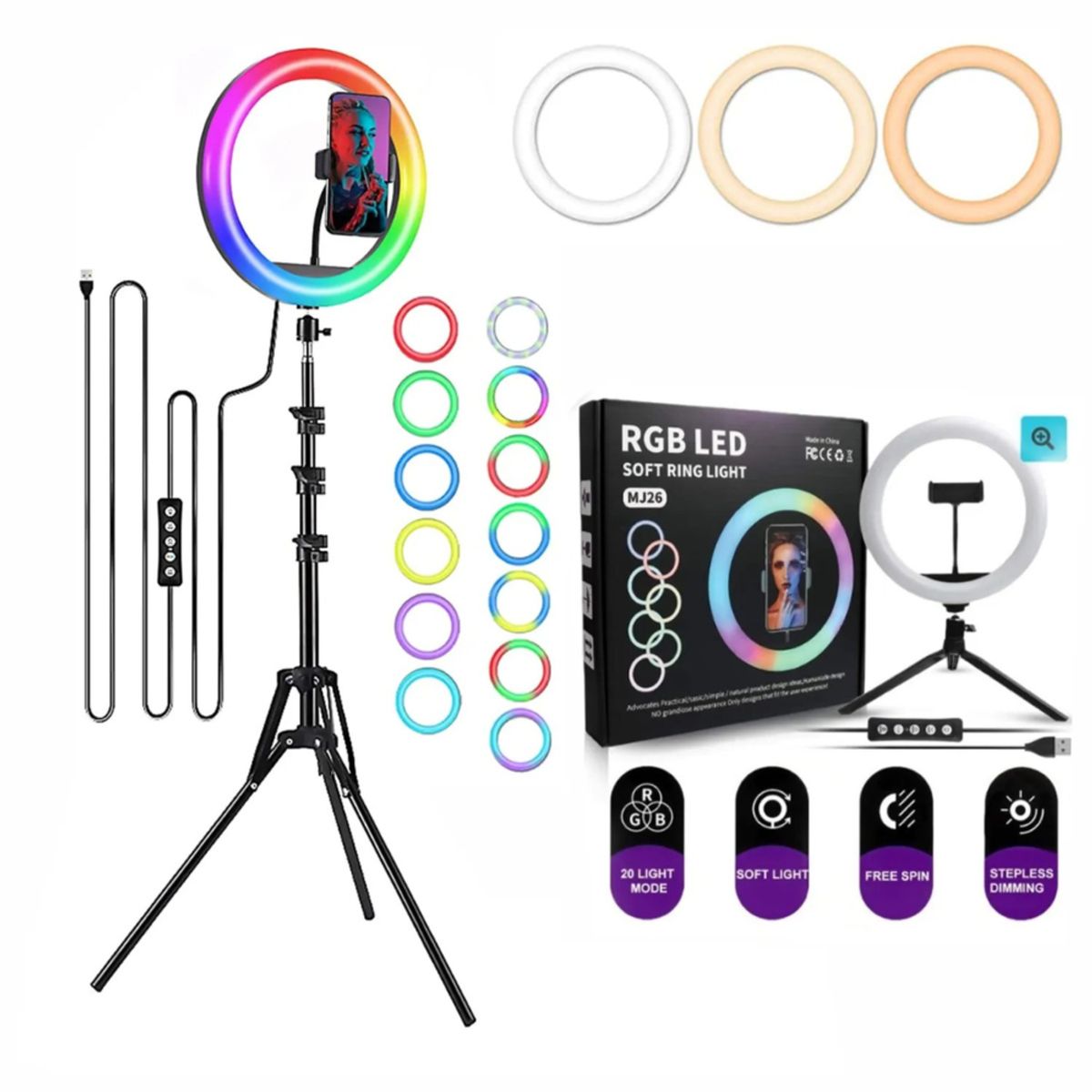 GENERICO - Aro De Luz Multicolor 26 cm RGB + Trípode