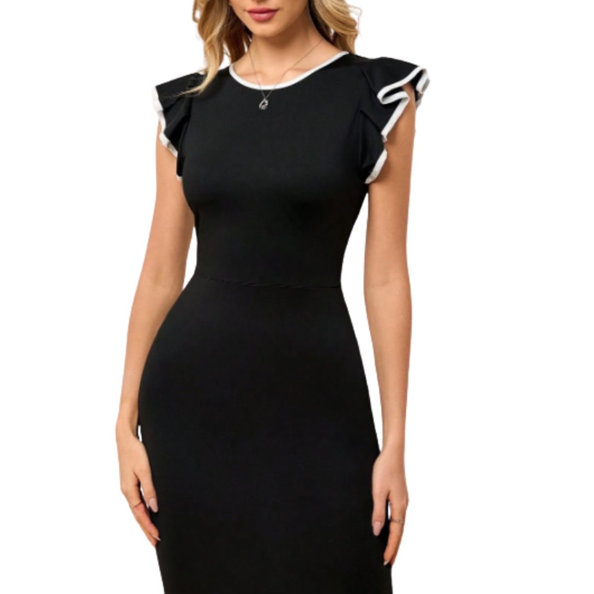 NEGRELI - Vestido Negro Entallado con Volantes y Ribete Blanco