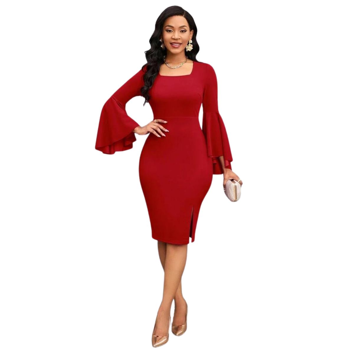 NEGRELI - Vestido Rojo Elegante con Mangas Campana y Escote Cuadrado