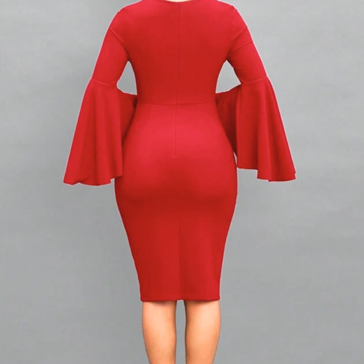 NEGRELI - Vestido Rojo Elegante con Mangas Campana y Escote Cuadrado