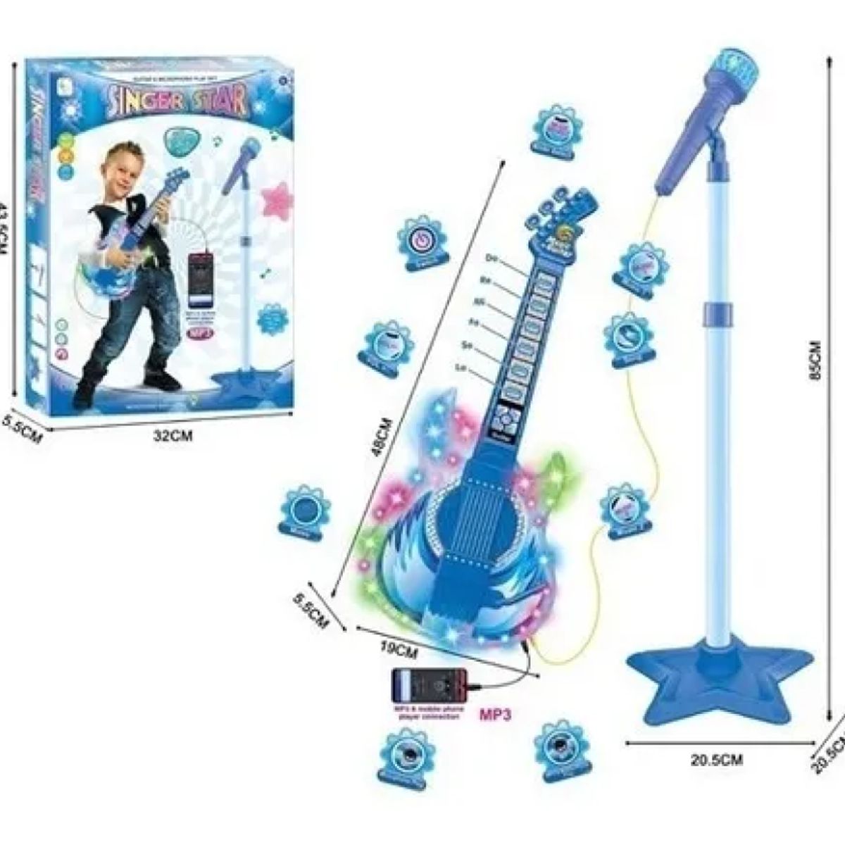 MARKET TOYS - Guitarra Musical Infantil Con Micrófono Azul