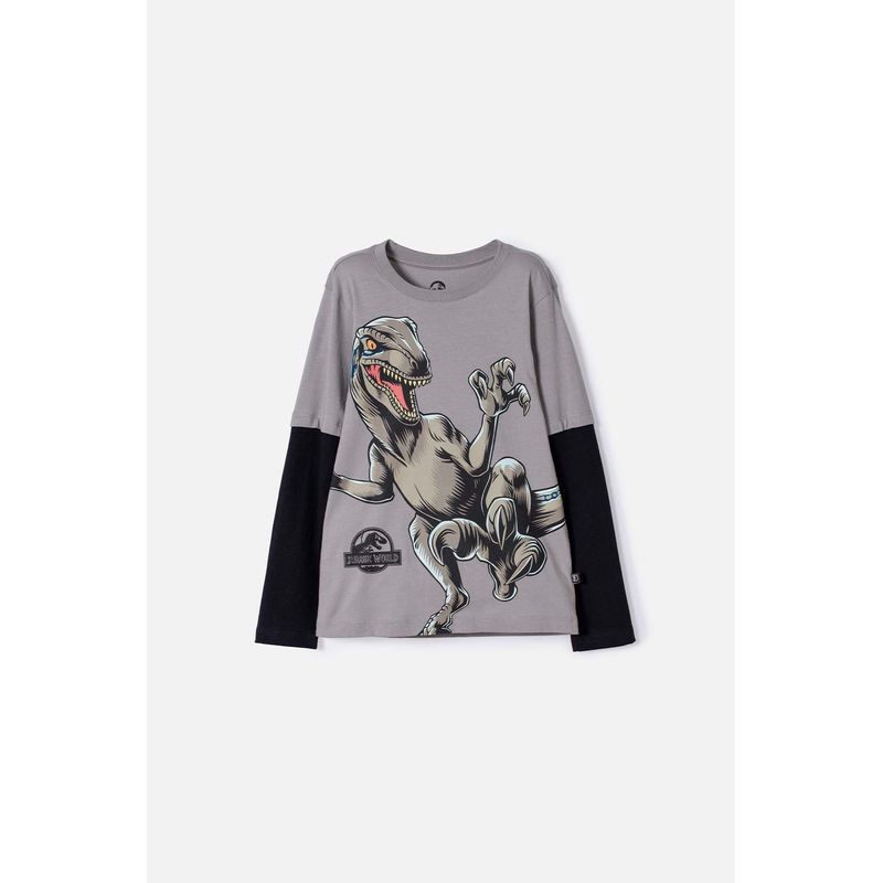 UNIVERSAL - Camiseta de Jurassic World gris y negra doble manga para niño