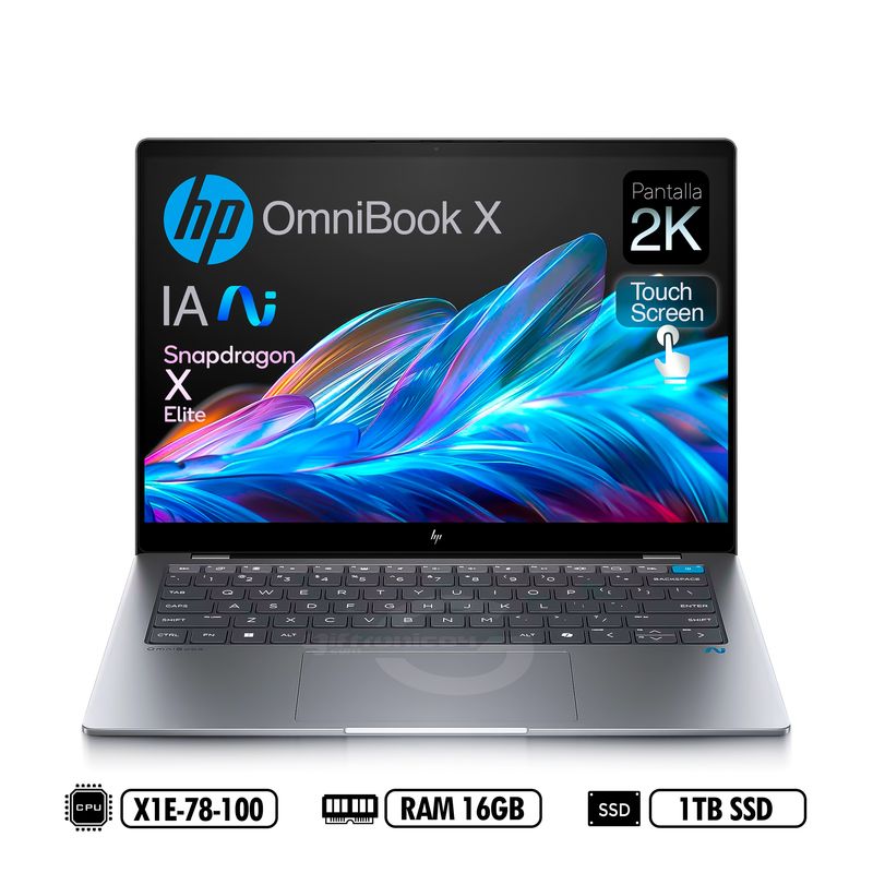 HP - Portátil HP OmniBook X 14 2K Fe0001la Táctil Snapdragon X Elite X1E - RAM 16GB 1TB SSD Silver