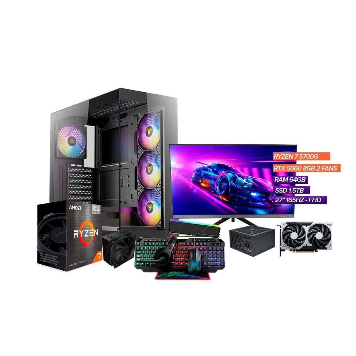 AMD - PC Gamer Ryzen 7 5700g/ RTX 5060 8GB/ RAM 64GB/ SSD 1.5TB/ Monitor 27" 165hz FHD