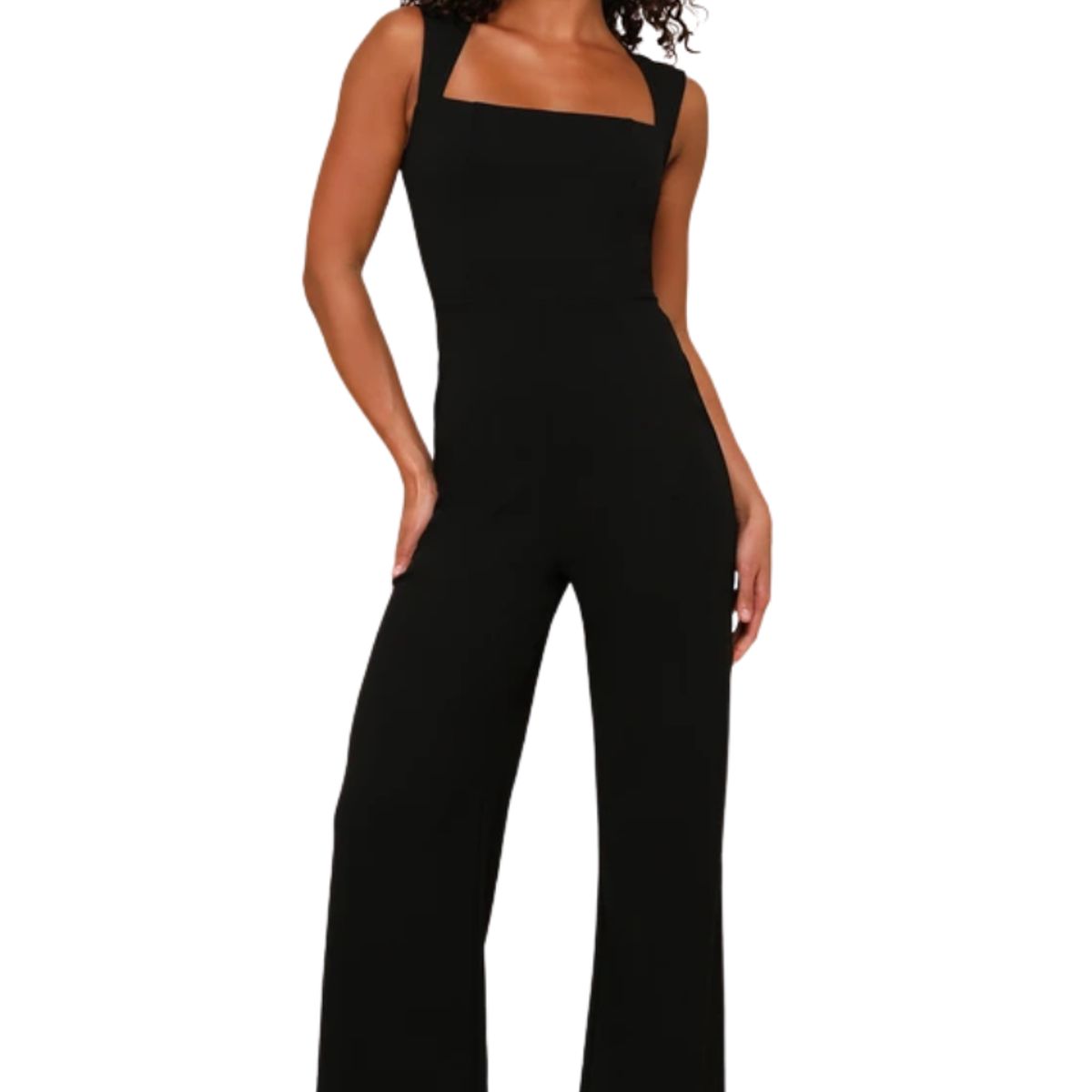 NEGRELI - Enterizo negro mujer elegante escote cuadrado bota ancha