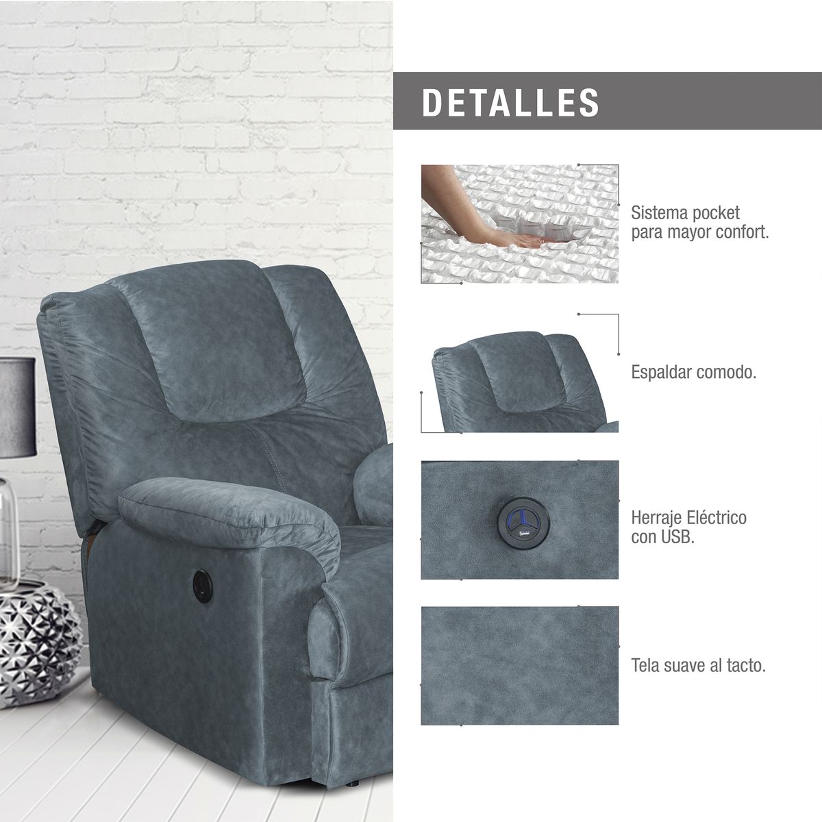 ELITE LIVING - SILLA RECLINABLE TONY ELECTRICA USB SEMI SINTETICO GRIS PLOMO