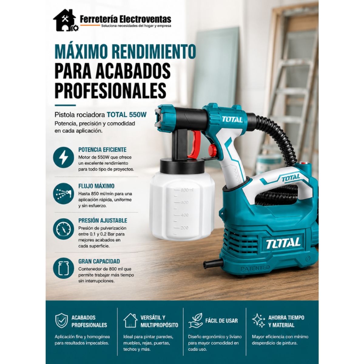 TOTAL - PISTOLA PINTAR INDUSTRIAL  800ML 500W TOTAL