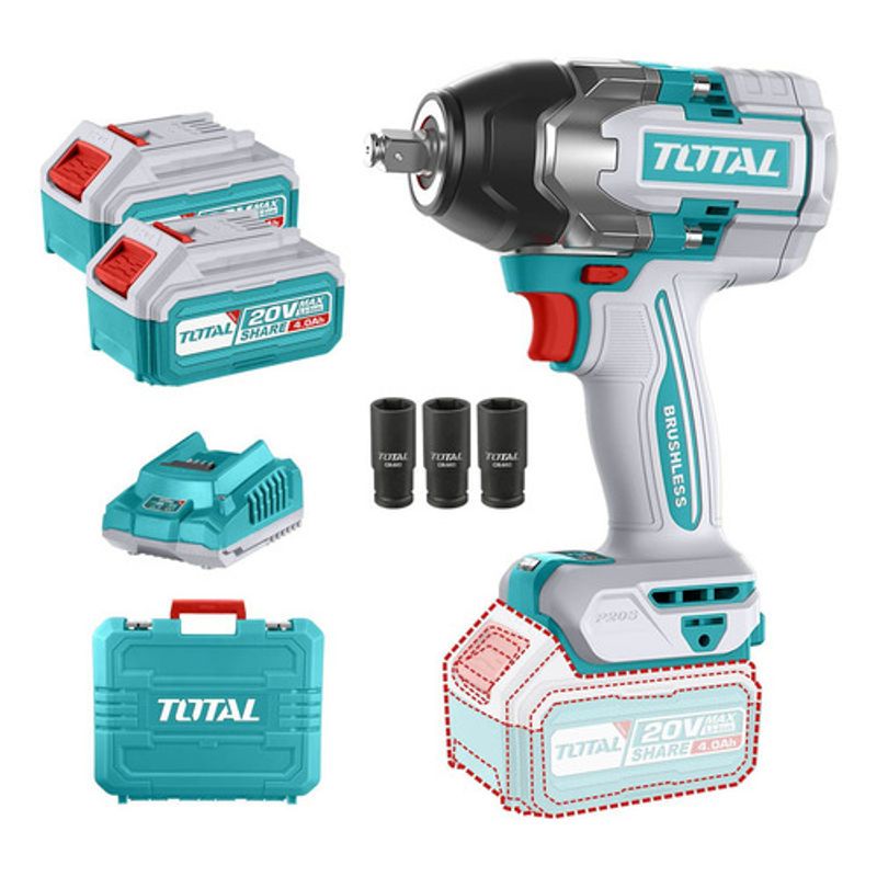 TOTAL - Pistola Llave De Impacto 12 850nm + 2 Bat 4AH+ Cargador Total