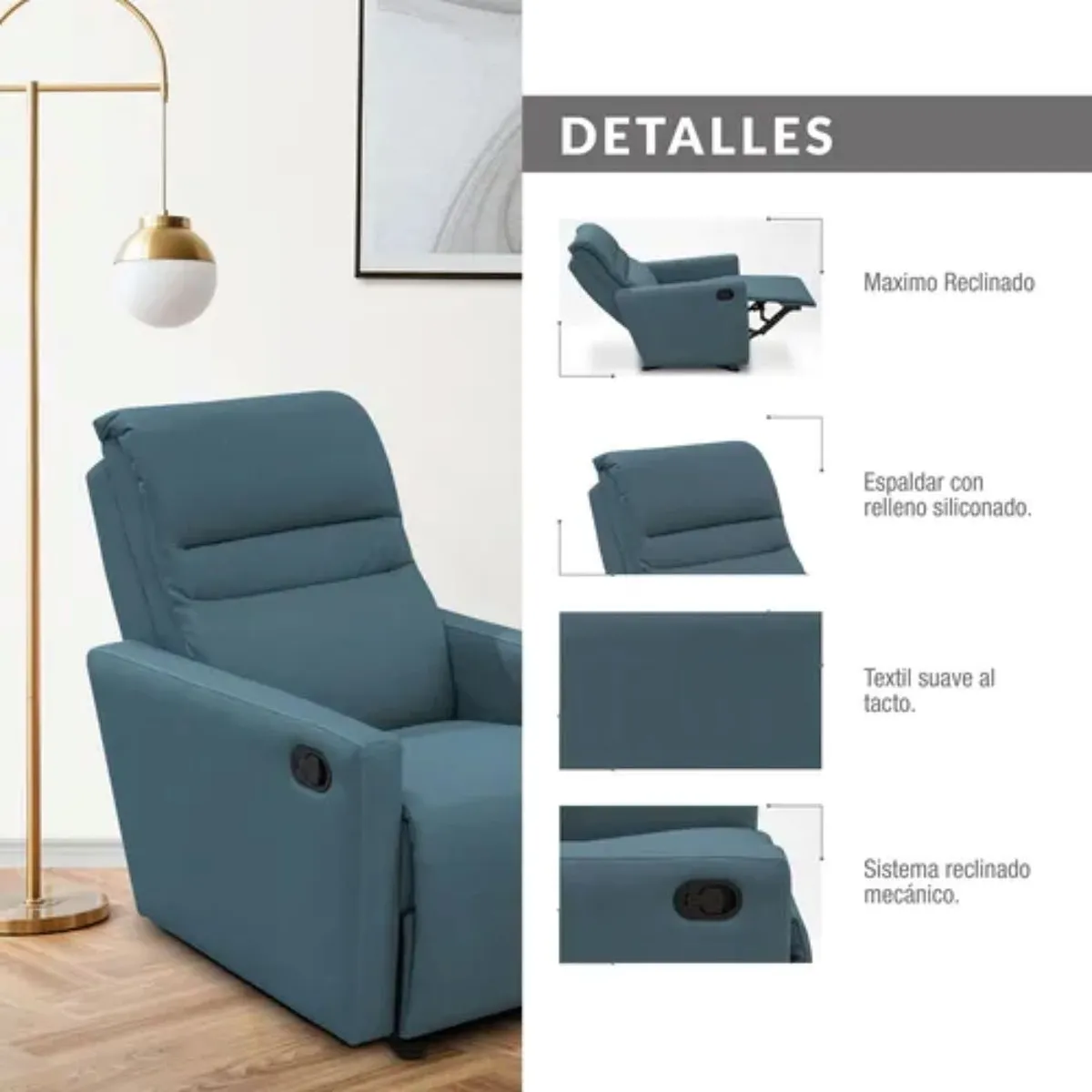 ELITE LIVING - SILLA RECLINABLE ARTHUR MECEDORA GIRATOR MICROFIBRA INDIGO