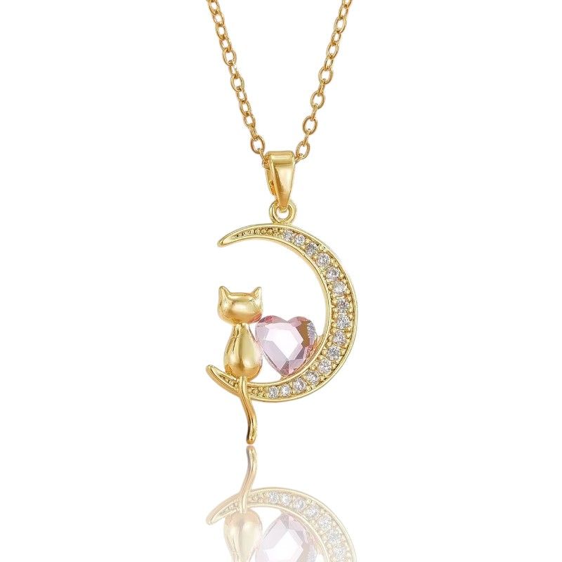 GENERICO - Collar Cadena Con Dije Gato Luna Corazon Rosado En Acero Inoxidable