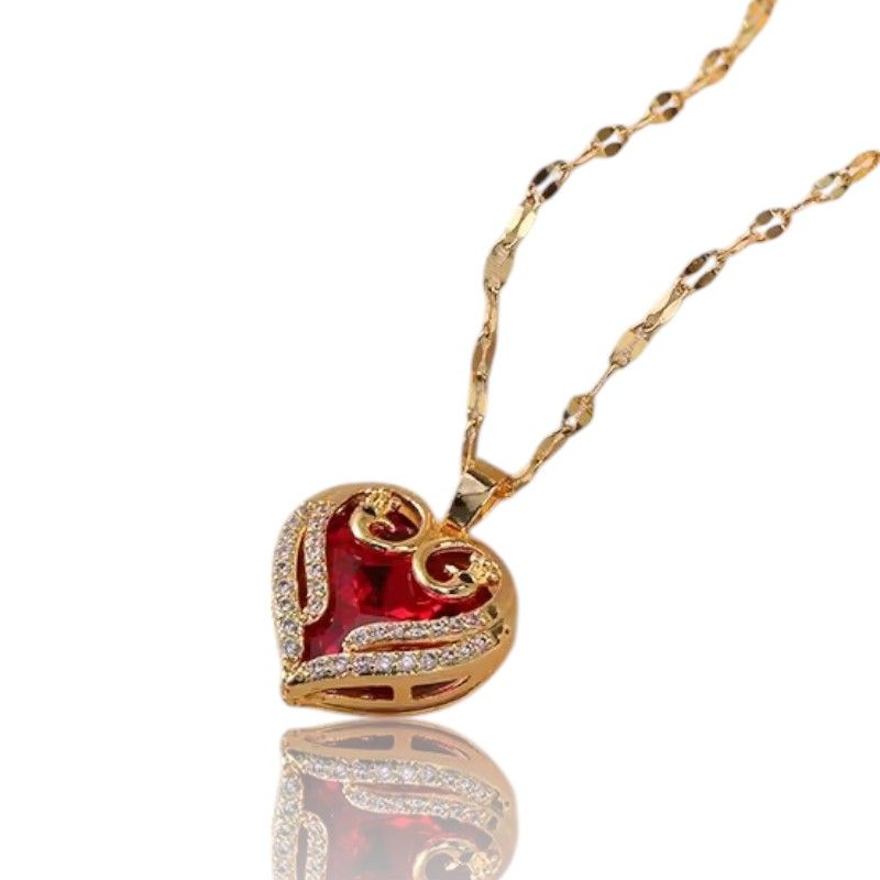 GENERICO - Collar Cadena Con Dije Corazon Rojo Con Circon En Acero Inoxidable