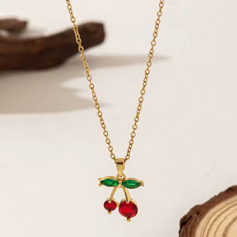GENERICO - Collar Cadena Con Dije Cereza Rojo Con Circon En Acero Inoxidable