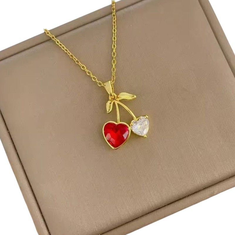 GENERICO - Collar Cadena Con Dije Cereza Corazon Con Circon En Acero Inoxidable