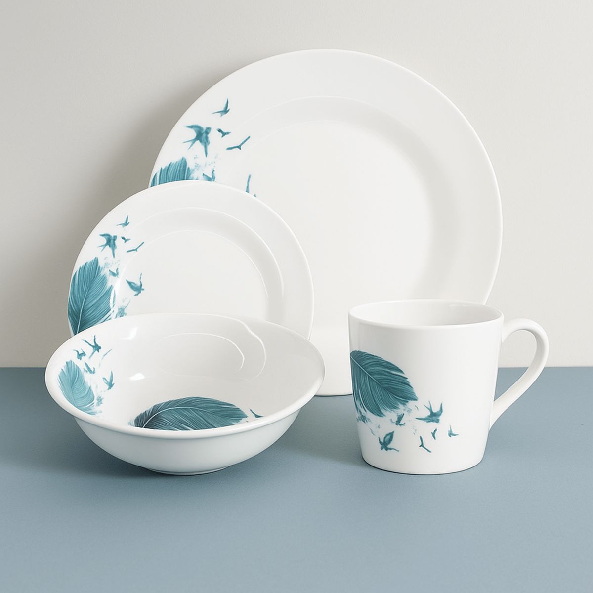 KITCHENWARE - VAJILLA CLASICA EN MELAMINA BLANCA CON PINCELADAS AZULES