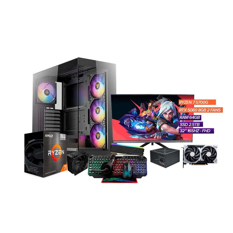 AMD - PC Gamer Ryzen 7 5700g/ RTX 5060 8GB/ RAM 64GB/ SSD 2.5TB/ Monitor 32" 165hz FHD