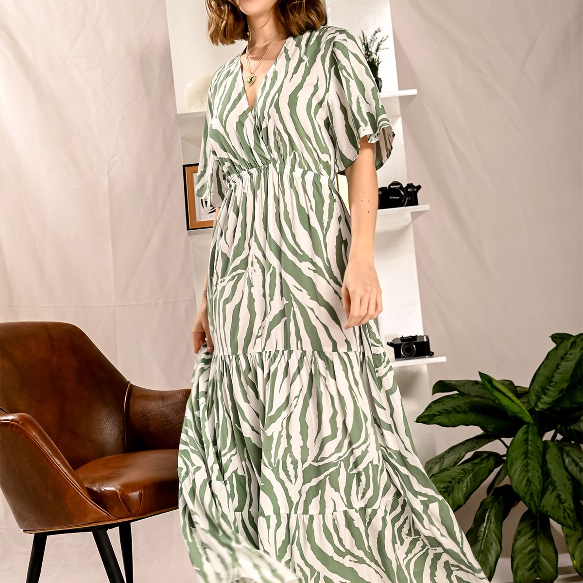 BELIFE - Vestido largo manga corta verde para mujer