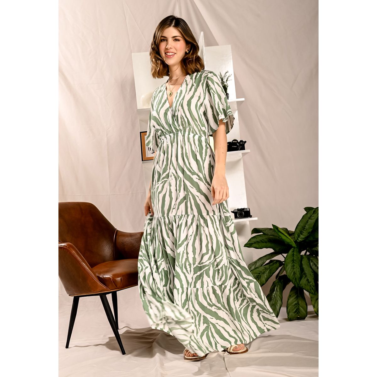 BELIFE - Vestido largo manga corta verde para mujer