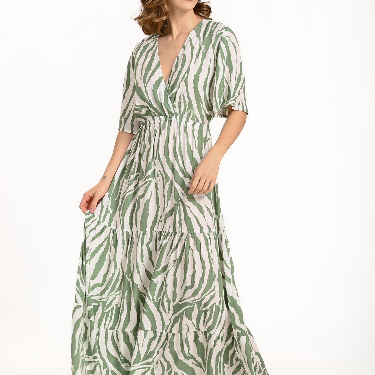 BELIFE - Vestido largo manga corta verde para mujer