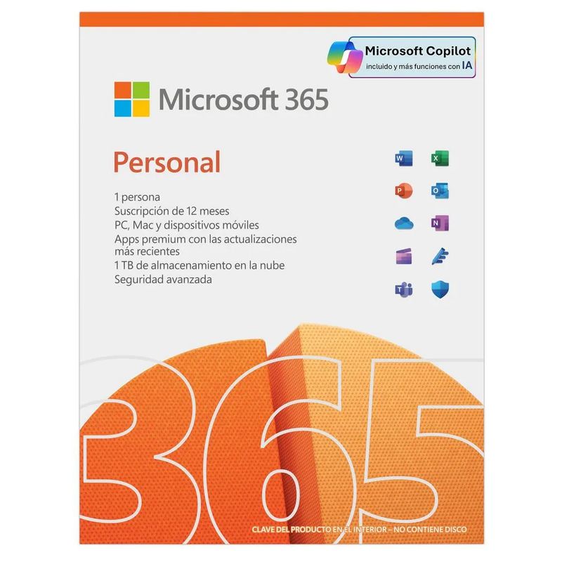 MICROSOFT - Office 365 Personal, 12 Meses, Correo Personal, 5 Dispositivos, 1 TB.