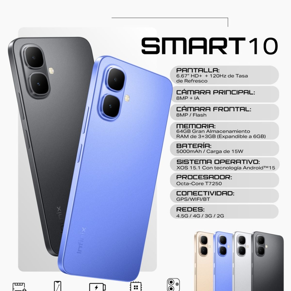 INFINIX - Celular Infinix Smart 10 Negro Dual Sim 64gb Ram 3+3gb 5000 Mah