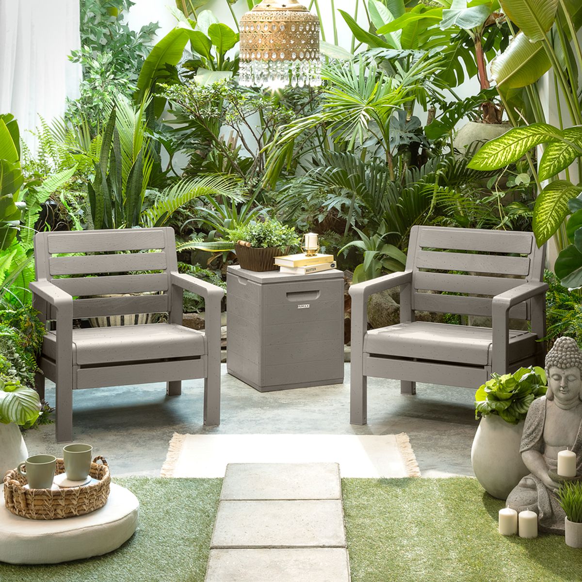 RIMAX - Combo Balcón 2 Sillones + Baúl de 100 litros RIMAX - Gris Cemento