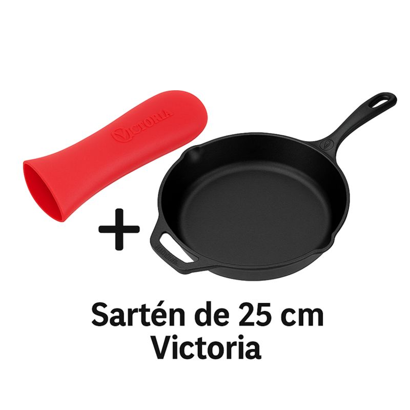 VICTORIA - Combo Sartén de Hierro Fundido Victoria de 25 Cm + Mango de Silicona