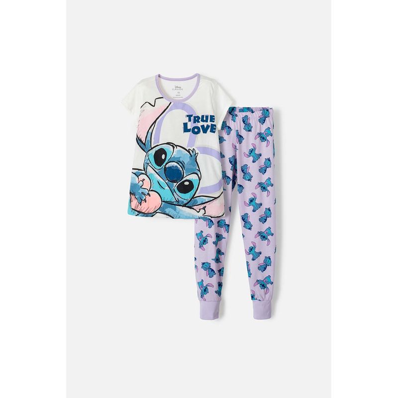 DISNEY - Pijama de Stitch de pantalón largo marfil y lila para niña