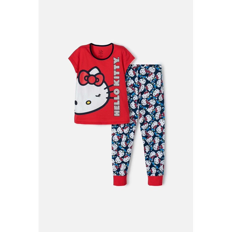 SANRIO - Pijama de Hello Kitty roja y azul de pantalón largo para niña