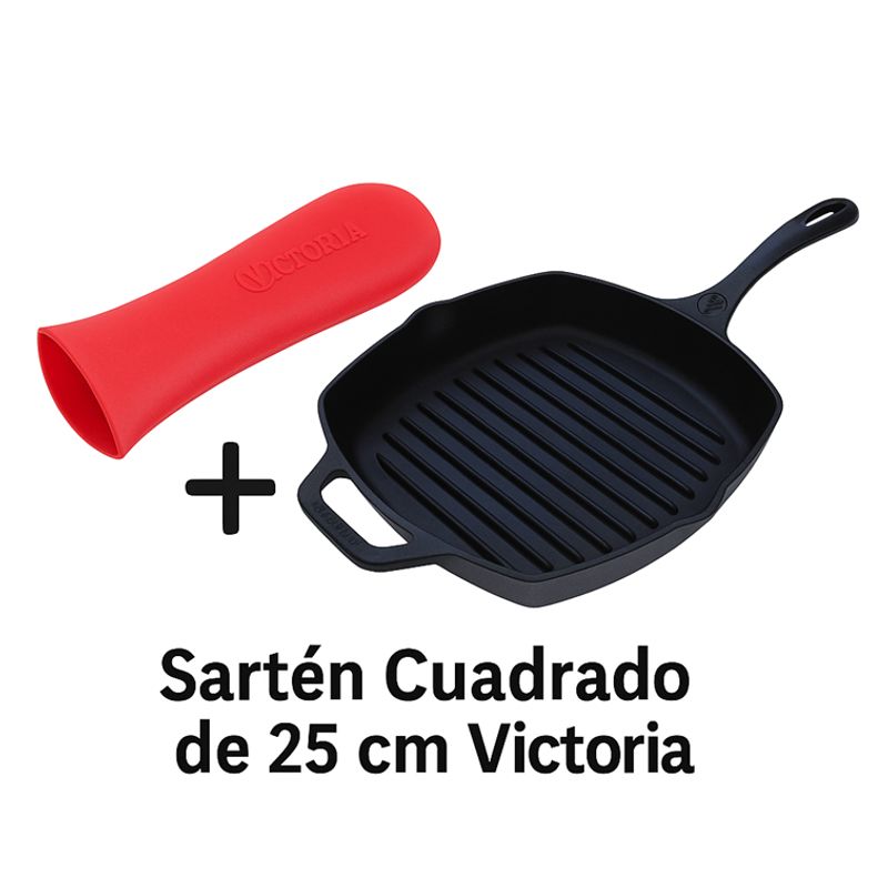 VICTORIA - Combo Sartén Cuadrado de Hierro Fundido Victoria de 25 Cm + Mango de Silicona