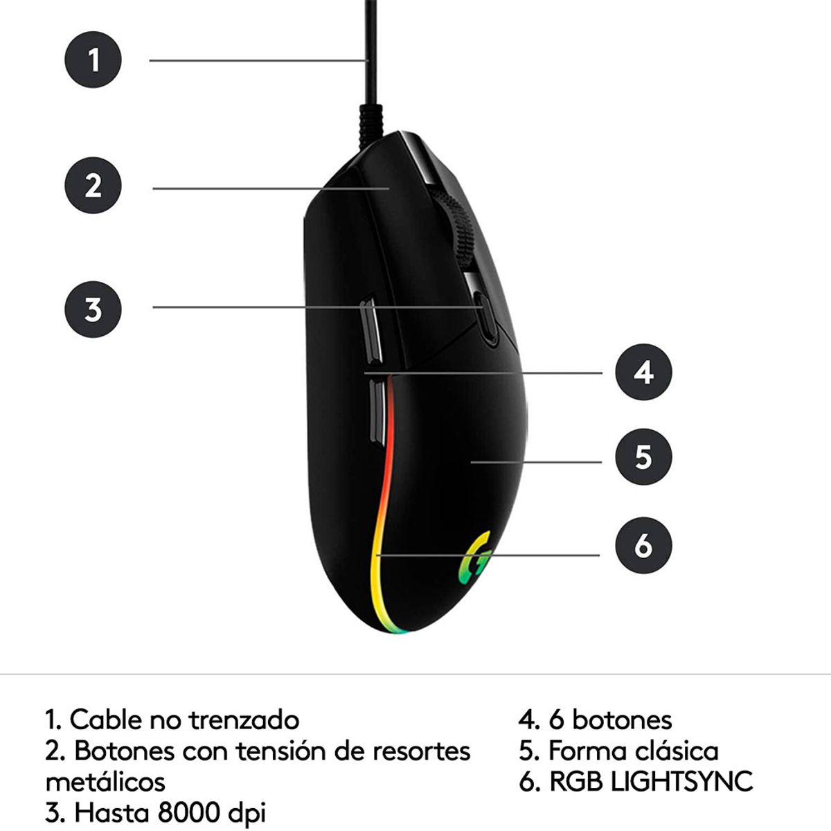 LOGITECH - Mouse Gaming Logitech G203 Negro Cable USB RGB