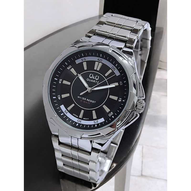 Q&Q - Reloj Q&Q Plateado Fondo Negro Original Para Hombre Acero + Caja QYQ