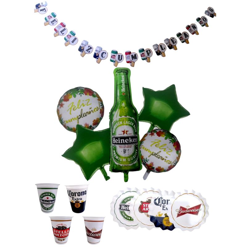 GENERICO - Kit Fiesta Cervezas Vasos Y Platos Feliz Cumpleaños Heineken