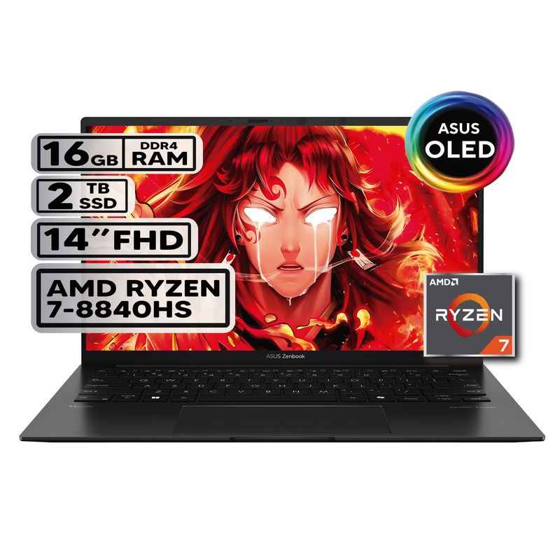 ASUS - PORTÁTIL ASUS ZENBOOK AMD RYZEN 7-8840HS 16GB RAM 2TB SSD 14 OLED JADE BLACK