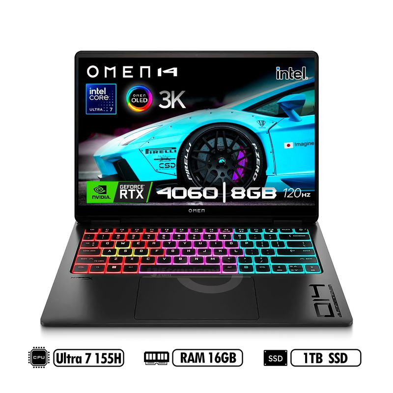 HP - Portátil HP Gaming OMEN OLED 3K 14-fb0001la Intel® Ultra 7-155H, 16GB RAM 1TB SSD NVIDIA® RTX™ 4060 8GB