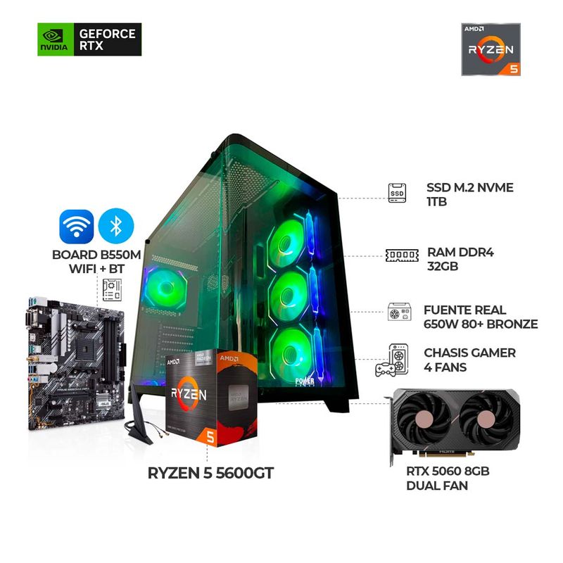 AMD - PC GAMER RYZEN 5 5600GT+ RTX 5060 8GB+ CHASIS PECERA 7 FANS RGB RAM 32GB SSD 1TB