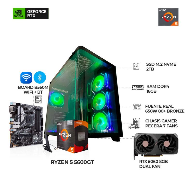 AMD - PC GAMER RYZEN 5 5600GT+ RTX 5060 8GB+ CHASIS PECERA 7 FANS RGB RAM 16GB SSD 2TB